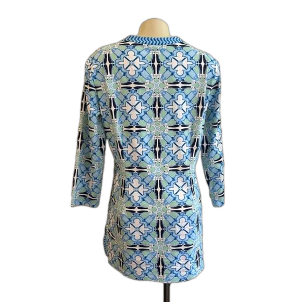 J. Mclaughlin LARGE Catalina Cloth Blue Green Geometric Print 3/4 Sleeve Dress - Picture 3 of 12